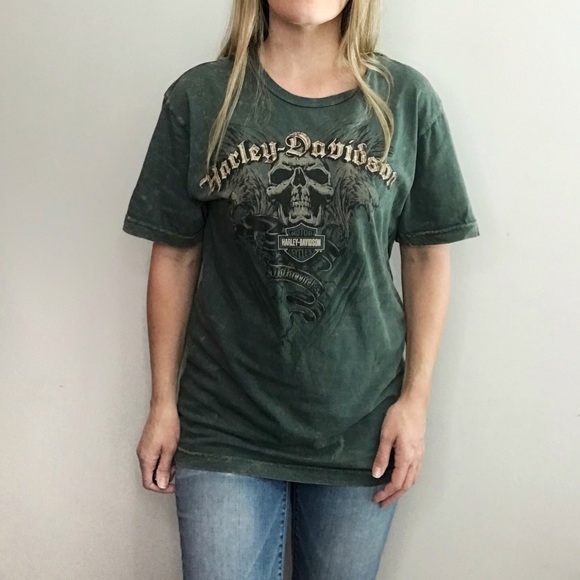HARLEY-DAVIDSON Killer Creek skull green graphic print tee size Medium - Picture 1 of 8
